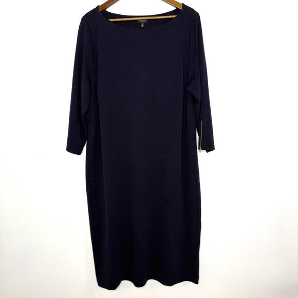 Talbots Dress Womens 2X Navy Cotton Knit Shift 3/4 Sleeve Zip Cuffs Scoop Neck - Picture 1 of 8